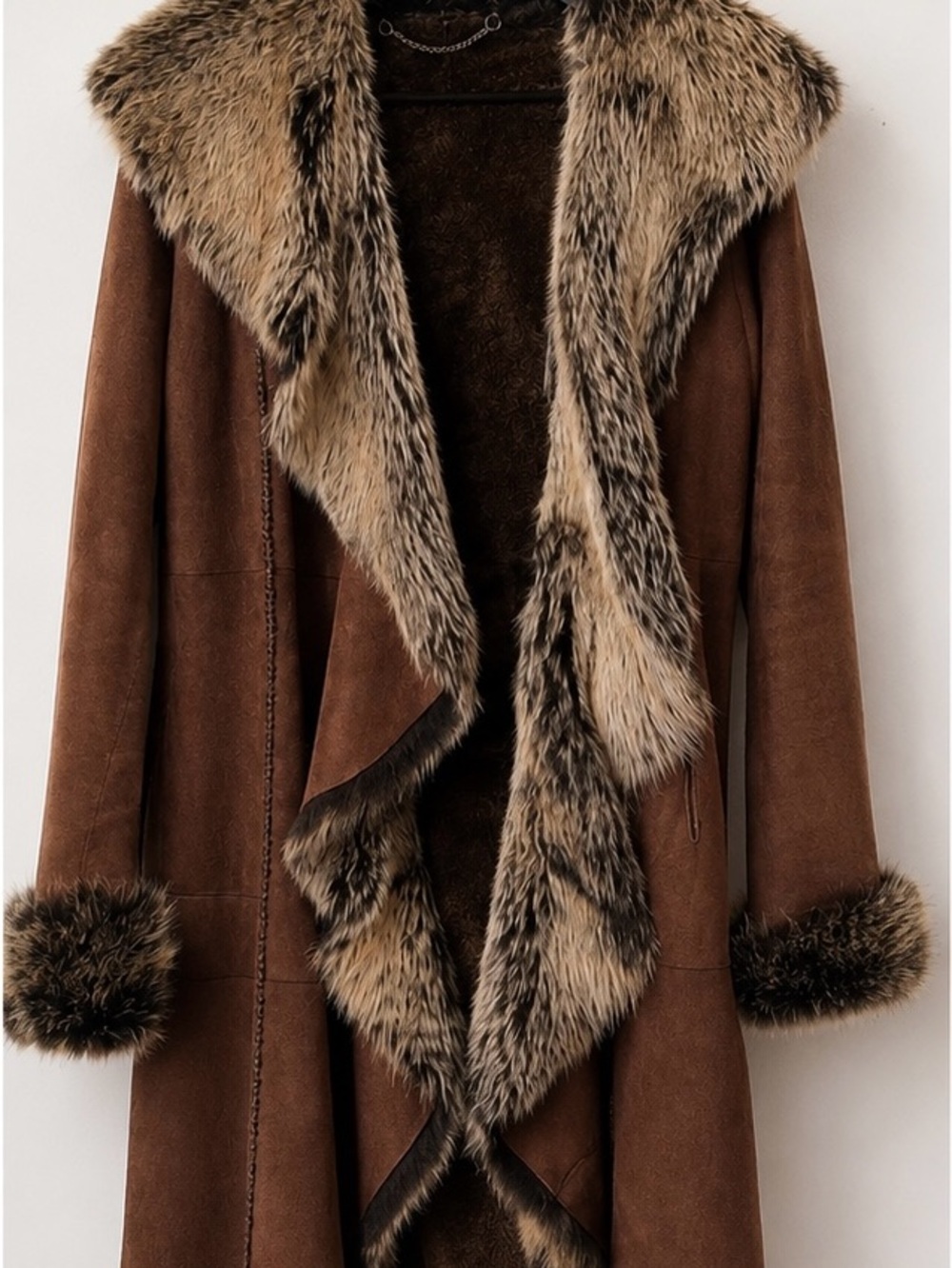Dennis Basso Genuine Suede Coat with Faux Fur Trim — Size 8